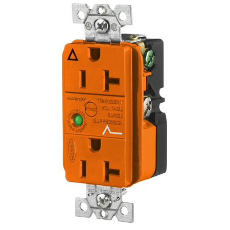 HUBBELL WIRING DEVICE-KELLEMS Surge Protective Devices, SPIKESHIELD IG TVSS Duplex Receptacle with Light and Alarm, 20A 125V, 5-20R, Orange IG5362OSA